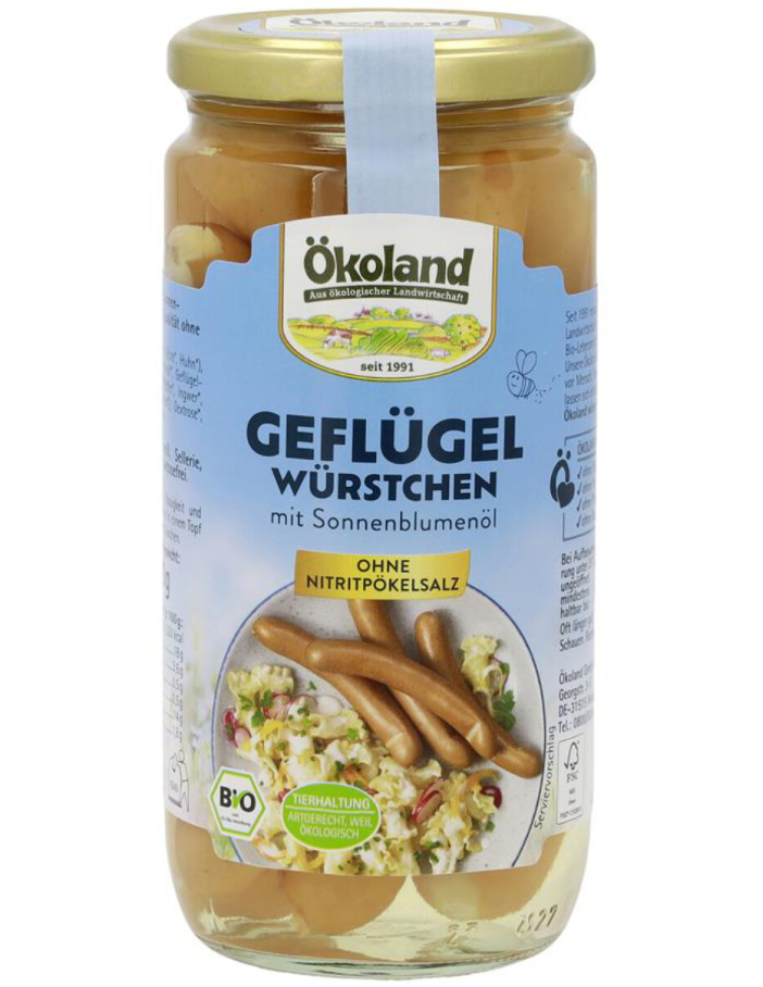 Ökoland Hydinové párky v slnečnicovom oleji sklo BIO 380g