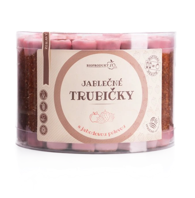 BIOPRODUKT JT Jablčné trubičky s jahodovou polevou - dóza 540g