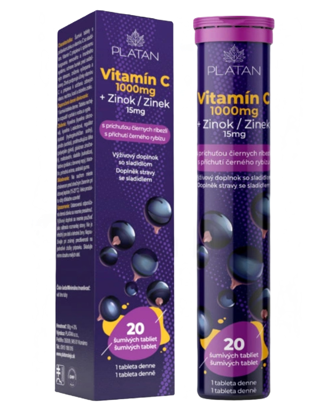 Platan Vitamín C 1000 mg + Zinok 20 šumivých tabliet čierna ríbezľa, EXP.: 31.07.2026