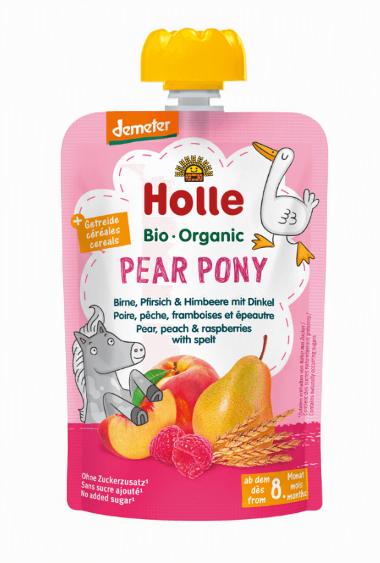 HOLLE Pear Pony Bio pyré hruškový poník – hruška, broskyňa, malina a špalda od 8.mesiaca 100g