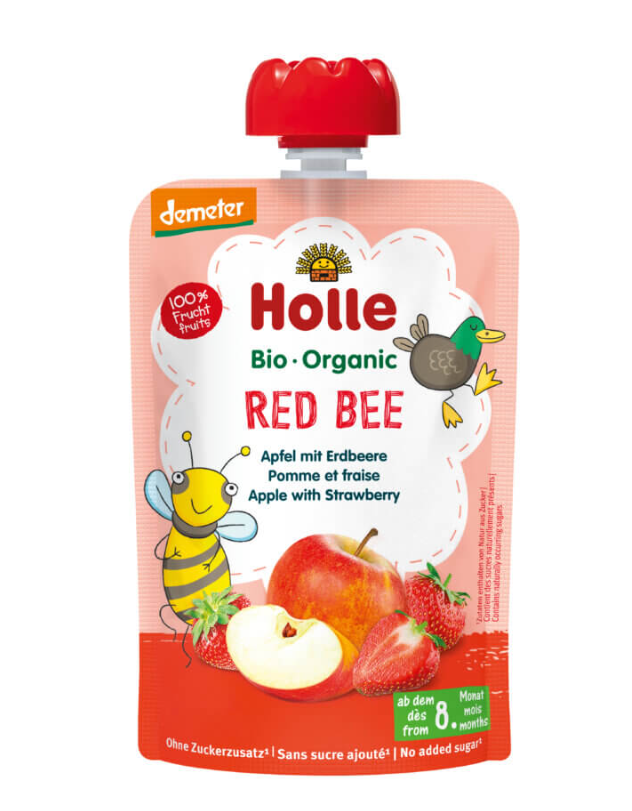 Holle Red Bee Bio pyré červená včielka – jablko a jahoda od 8.mesiaca 100g