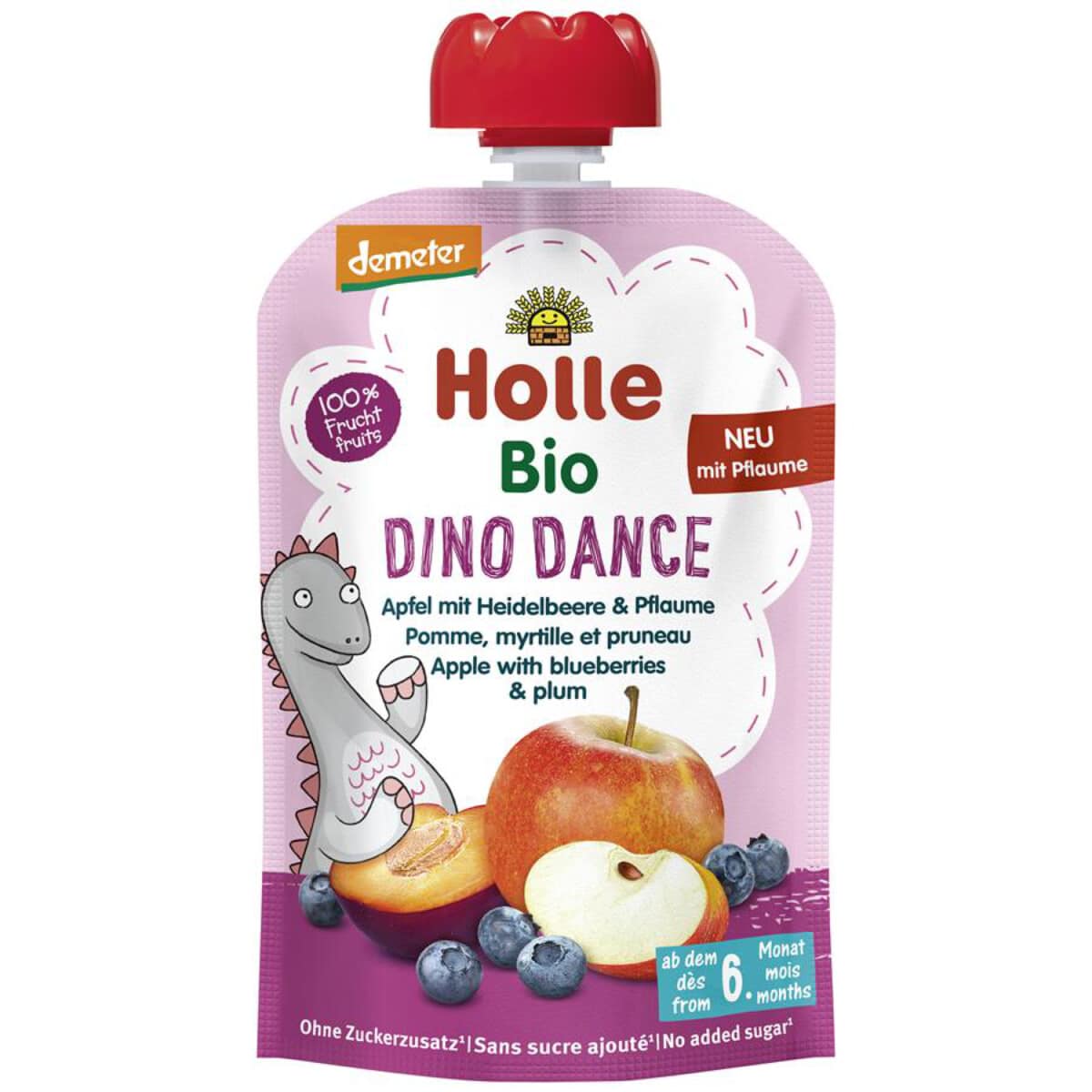 Holle Dino Dance Detské bio pyré jablko s čučoriedkami a ďatlami (6m+) 100g