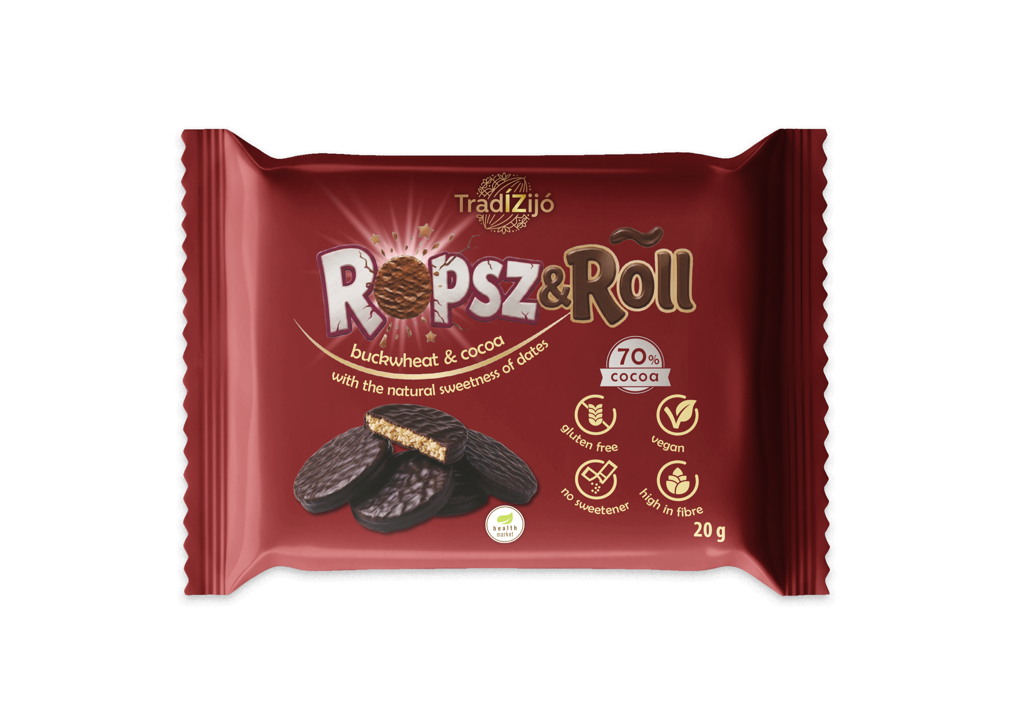 Tradízijó Ropsz & Roll Pohánkový chlebík s polevou z vegánskej čokoládovej alternatívy 20g horká